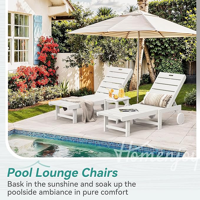 Outdoor Chaise Lounge Chairs Set of 4, 26.8” Super Wide Lounge Chair Outdoor, HDPS Pool Chairs with 5 Positions, Patio Lounge Chair with Wheels for Pool,Lawn,Backyard, White