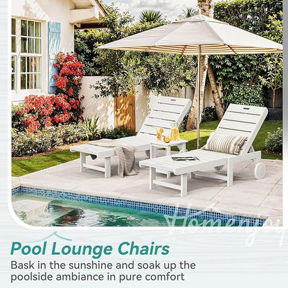 Outdoor Chaise Lounge Chairs Set of 4, 26.8” Super Wide Lounge Chair Outdoor, HDPS Pool Chairs with 5 Positions, Patio Lounge Chair with Wheels for Pool,Lawn,Backyard, White