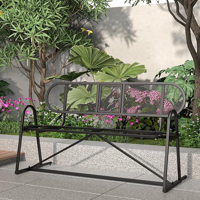 Outdoor Bench, Metal Mesh Garden Bench with Foldable Middle Table, 55" Weather Resistant Patio Park for 2-3 People, Decorative Porch Chair for Yard, Deck, and Lawn, Black