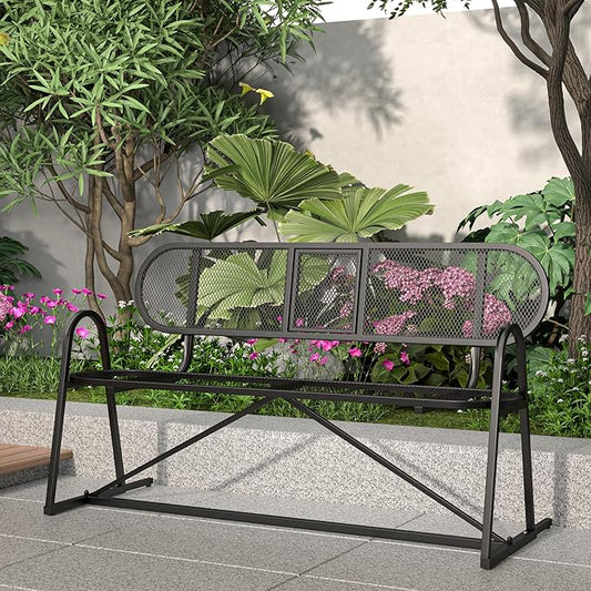 Outdoor Bench, Metal Mesh Garden Bench with Foldable Middle Table, 55" Weather Resistant Patio Park for 2-3 People, Decorative Porch Chair for Yard, Deck, and Lawn, Black