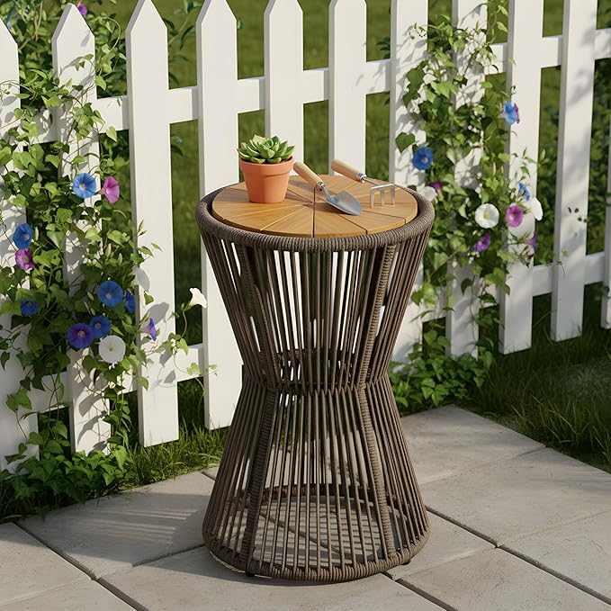 Merax Bohemian Round Outdoor Side Table with Acacia Wood Top and Dark Grey Handwoven Rope Base - Photo 10