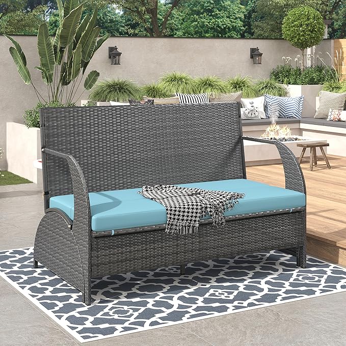 2-in-1 Convertible Picnic Upholstered Bench,57.1" Outdoor Loveseat,Portable Picnic Table Couch,Convertible to 4 Seats&1 Table,for Garden,Lawn,Backyard,Porch,Patio, Blue