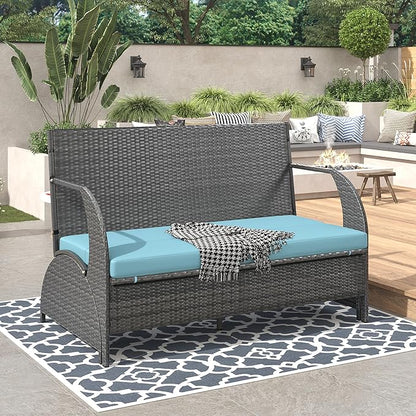 2-in-1 Convertible Picnic Upholstered Bench,57.1" Outdoor Loveseat,Portable Picnic Table Couch,Convertible to 4 Seats&1 Table,for Garden,Lawn,Backyard,Porch,Patio, Blue