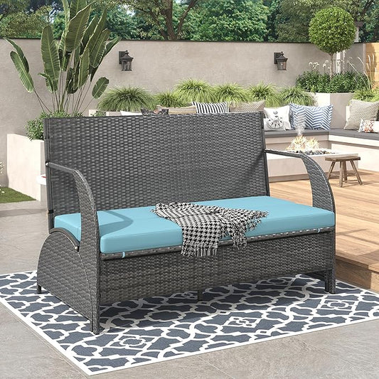 2-in-1 Convertible Picnic Upholstered Bench,57.1" Outdoor Loveseat,Portable Picnic Table Couch,Convertible to 4 Seats&1 Table,for Garden,Lawn,Backyard,Porch,Patio, Blue