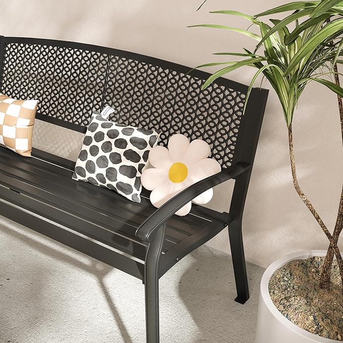 VICLLAX 50” Outdoor Garden Bench with Armrests and Backrest, Waterproof Patio Metal Bench for Park, Porch, Backyard, Round Pattern Back