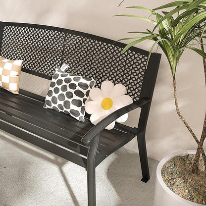 VICLLAX 50” Outdoor Garden Bench with Armrests and Backrest, Waterproof Patio Metal Bench for Park, Porch, Backyard, Round Pattern Back