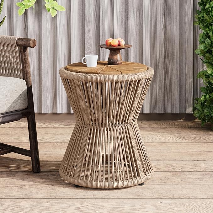 Christopher Knight Home Nara 18.9" Acacia Wood Outdoor Side Table, Hourglass Shaped with Metal Frame+Woven Rope, Outdoor Coffee Table, Garden Plant Stand Indoor, No Assembly Needed, Beige+Light Teak