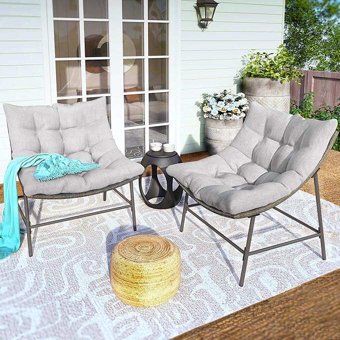 PHI VILLA Outdoor Papasan Chairs Set of 2, Oversized Scoop Wicker Chairs with Cushions & Steel Frame - Photo 1