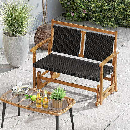 RELAX4LIFE Wooden Outdoor Glider Bench - 2-Person Wicker Rattan Swing Gliding Rocker Chair w/Acacia Wood Armrests, Wicker Back & Seat, Rocking Patio Loveseat for Porch Backyard Pool Garden (45.5'')