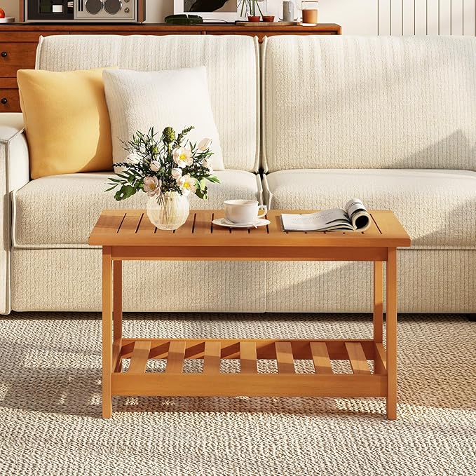 RELAX4LIFE 2-Tier Outdoor Coffee Table - Acacia Wood Rectangular Patio Center Table w/Slatted Tabletop & Storage Shelf - Photo 8