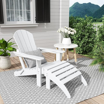WestinTrends Malibu Outdoor Lounge Chair, 2-Pieces Adirondack Chair Set with Ottoman, All Weather Poly Lumber Patio Lawn Folding Chairs for Outside Pool Garden Backyard Beach, White