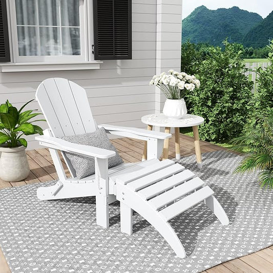 WestinTrends Malibu Outdoor Lounge Chair, 2-Pieces Adirondack Chair Set with Ottoman, All Weather Poly Lumber Patio Lawn Folding Chairs for Outside Pool Garden Backyard Beach, White
