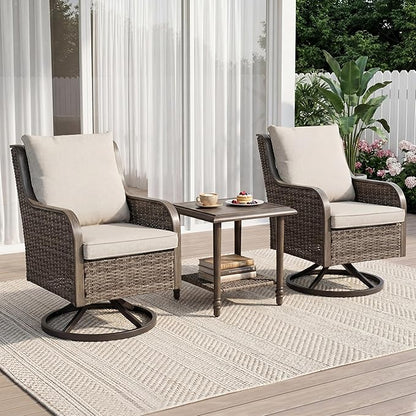 3 Pieces Patio Furniture Sets-Swivel Patio Chairs with High Back Cushions and Wicker Outdoor Side Table,All Weather Patio Conversation Set for Garden Backyard Porch Deck