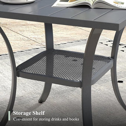 Outdoor Dining Table with Storage Shelf, 27.5" All-Weather Square Patio Dining Table for 2, Metal Patio Table for Garden Lawn Porch Deck Yard, Dark Grey