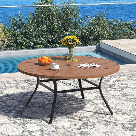 DIFY 53.1" Round Outdoor Patio Dining Table for 6-8, All-Weather Metal Steel Slatted Patio Table with 1.57" Adjustable Umbrella Hole, for Lawn Garden Porch Backyard, Walnut