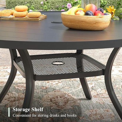 Outdoor Dining Table for 6, 47.2" Round Outdoor Table with Adjustable Umbrella Hole, All-Weather Metal Patio Dining Table for Lawn Garden Backyard Deck, Black