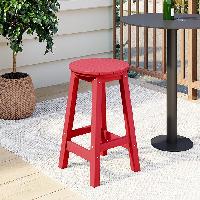 Costaelm 24" Height Outdoor Bar Stools, All-Weather Bar Stools, Adirondack Poly Patio Round Bar Stool for Patio, Deck, Kitchen Counter and Garden, Red