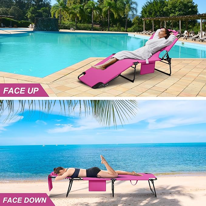 400lbs Tanning Chair, 5-Fold Beach Lounge Chair with Face Hole & 2 Side Pockets, Non-Slip Foot & Portable Handle - Photo 3