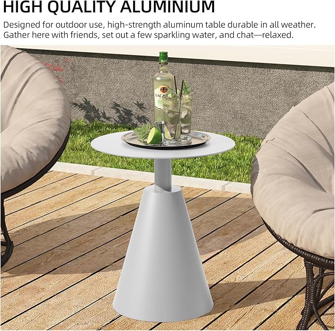19.5''Φ Outdoor Round Coffee Table Weather-Resistant Aluminum Side Table for Balcony, Patio, Garden, Bedroom (White) - Photo 3