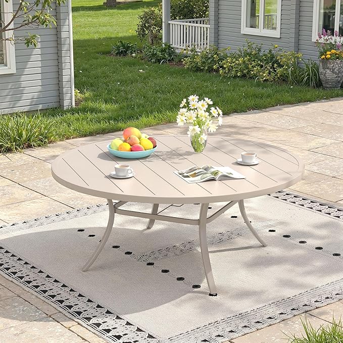 Outdoor Dining Table for 8, 60" Round Outdoor Table with Adjustable Umbrella Hole, All-Weather Metal Patio Dining Table for Lawn Garden Backyard Deck, Sandshell