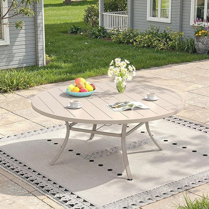 Outdoor Dining Table for 8, 60" Round Outdoor Table with Adjustable Umbrella Hole, All-Weather Metal Patio Dining Table for Lawn Garden Backyard Deck, Sandshell