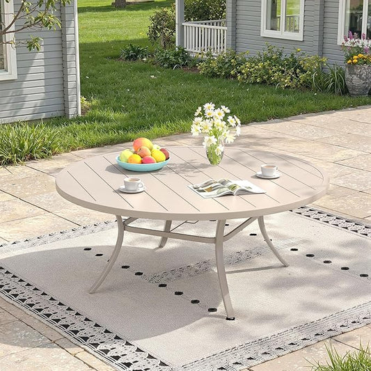 Outdoor Dining Table for 8, 60" Round Outdoor Table with Adjustable Umbrella Hole, All-Weather Metal Patio Dining Table for Lawn Garden Backyard Deck, Sandshell