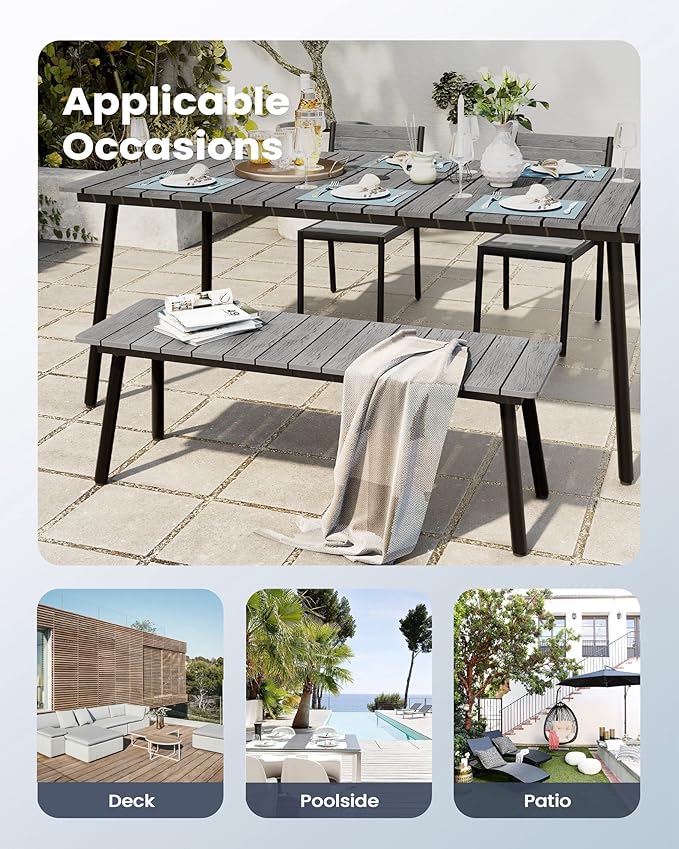 Pellebant Outdoor Dining Bench，50 Inch Long Patio Picnic Bench for 3 People，Wood Plastic Composite Board with Aluminum Legs,for Patio, Garden, Lawn, Deck, Porch and Yard, Dark Grey