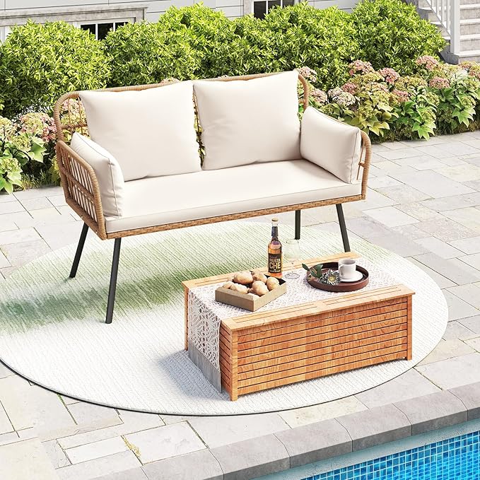 HAPPYGRILL Patio Loveseat Sofa Rattan Wicker 2-Seater Couch with Cushions & Lumbar Pillows, Metal Legs, Outdoor Furniture for Balcony, Porch, Deck (Off White)