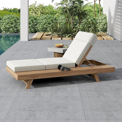 Christopher Knight Home Dami Chaise Lounge Chair Outdoor with 4'' Foldable Cushion, Acacia Wood Poolside Sun Lounger, Space Available On One Side, Adjustable Backrest Pool Lounger, Light Brown+Cream