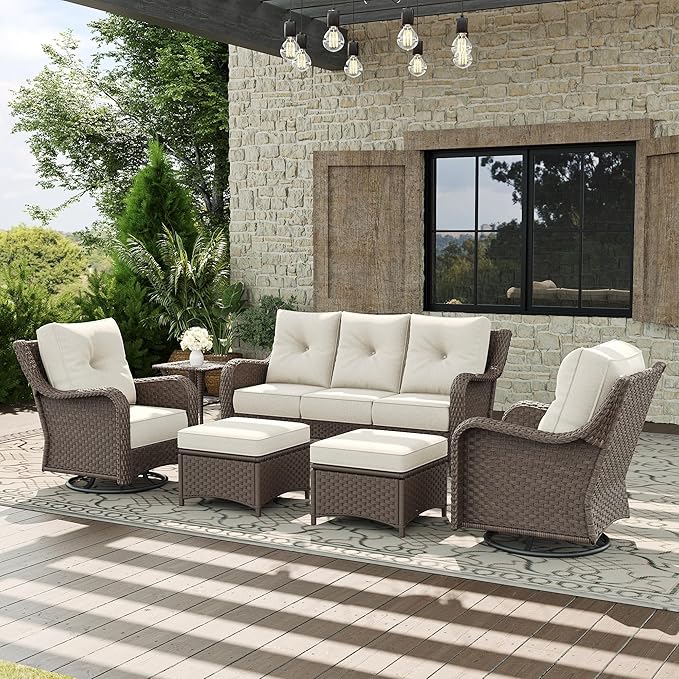 6 Piece Patio Furniture Set, All-Weather Wicker Outdoor Conversation Set with Swivel Rocking Chair and 6 Inch Thick - Photo 1