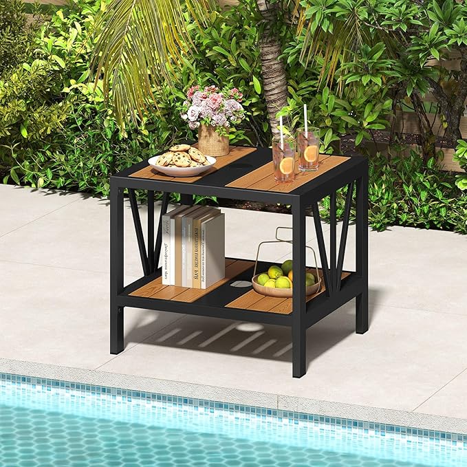 HAPPYGRILL Outdoor Side Table with Umbrella Hole 1.57”, 2-Tier Coffee Bistro End Table Umbrella Stand with Storage Shelf, for Backyard Poolside Garden (2)