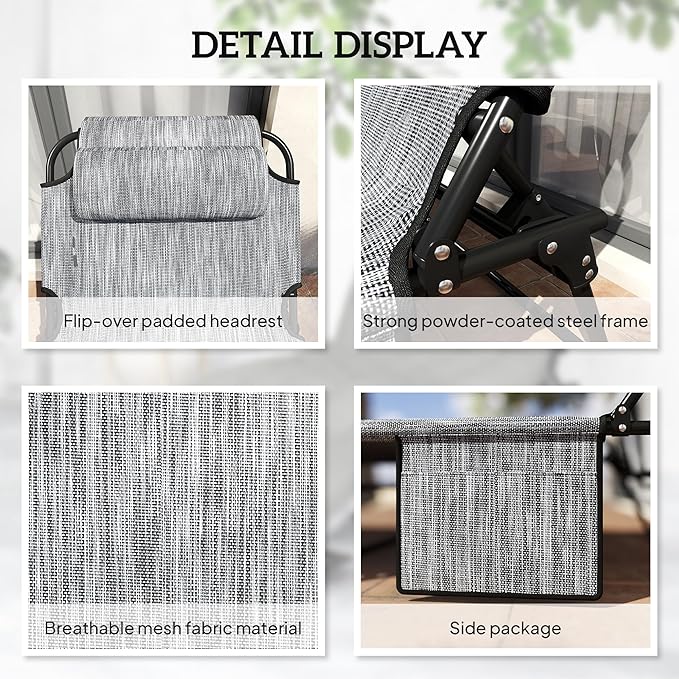 Outsunny Folding Chaise Lounge with 4-Level Reclining Back, Outdoor Tanning Chair with Cushion, Outdoor Lounge Chair with Breathable Mesh Fabric, Side Pocket, Headrest, Gray