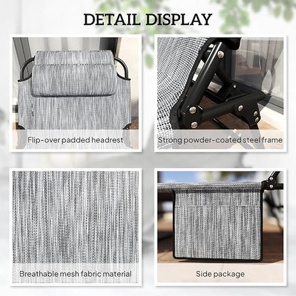 Outsunny Folding Chaise Lounge with 4-Level Reclining Back, Outdoor Tanning Chair with Cushion, Outdoor Lounge Chair with Breathable Mesh Fabric, Side Pocket, Headrest, Gray