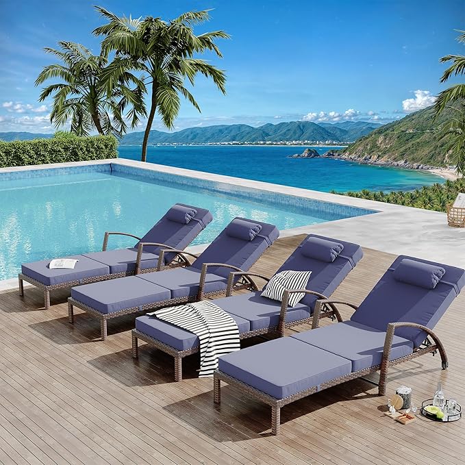 Garvee Chaise Lounge Outdoor Set of 2, PE Rattan Wicker Pool Lounge Chairs with 5-Level Adjustable Backrest - Photo 6