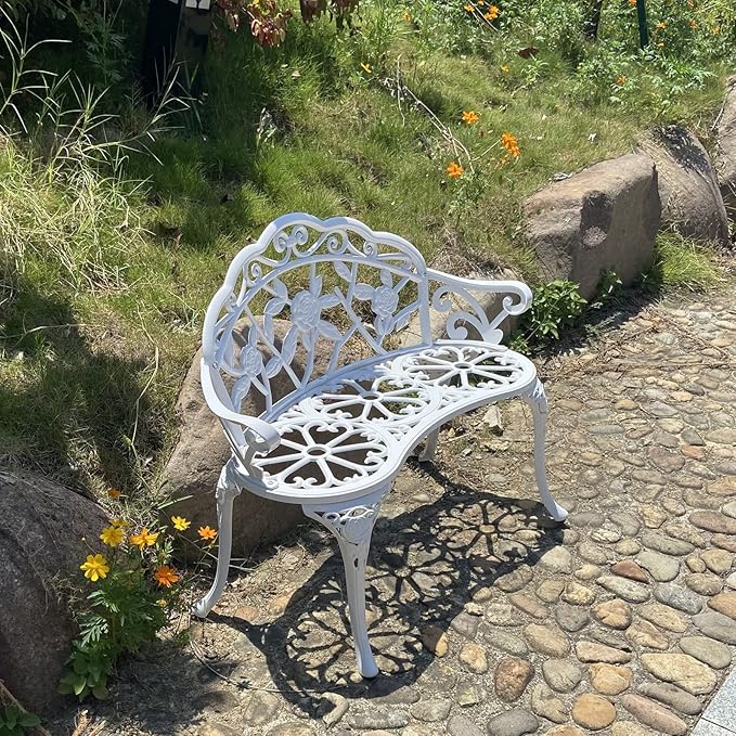 KAILI Garden Bench, Metal Aluminum Rose, Suitable for Garden Porch Park Front Porch Balcony Outdoor (White)