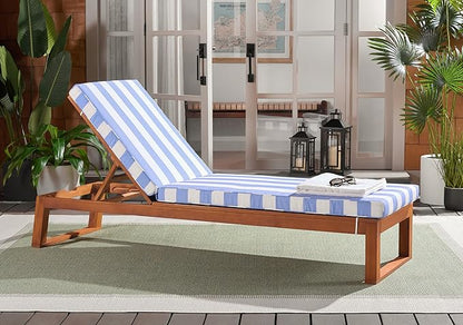 SAFAVIEH Outdoor Patio Furniture Collection - Sophie Natural Brown Solid Wood Chaise Lounge Chair, Adjustable Reclining, Baby Blue Stripe Cushion (PAT7101U)