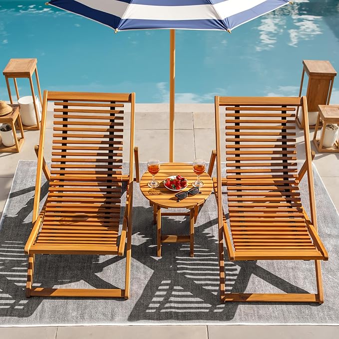 Flamaker 3-Piece Acacia Wood Patio Set, Chaise Lounge Chairs for 2 and Side Coffee Table, Adjustable and Foldable, for Pool, Beach, Backyard, No Assembly