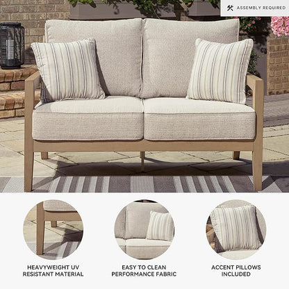 Signature Design by Ashley Hallow Creek Cottage Nuvella Weather Resistant Fabric Outdoor Loveseat with Cushion and 2 Throw Pillows, Light Brown & Beige