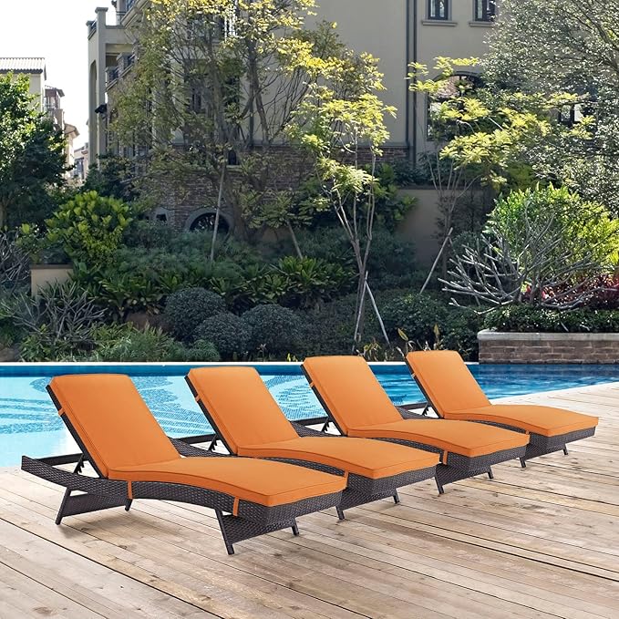 Modway Convene Wicker Rattan Outdoor Patio Chaise Lounge Chairs in Espresso Mocha - Set of 4