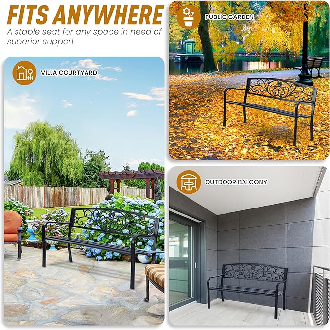 Simply Elegant Flora Metal Park Patio Bench, Outdoor Bench in Black for Porch, Lawn, Garden, Deck by Sun-Ray