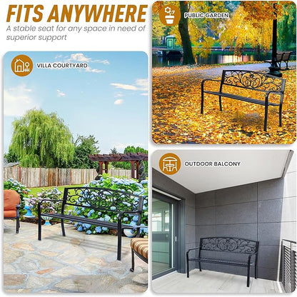 Simply Elegant Flora Metal Park Patio Bench, Outdoor Bench in Black for Porch, Lawn, Garden, Deck by Sun-Ray