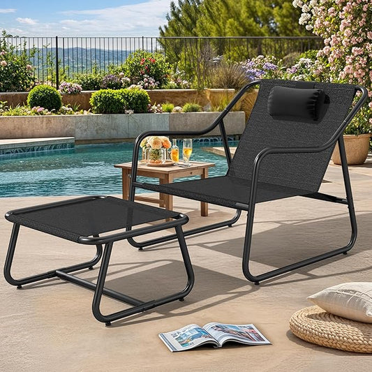 YITAHOME Patio Lounge Chair with Ottoman, Oversized Papasan Chair, Versatile Indoor/Outdoor Textilene Lounge with Metal Handrail and Footstool, Ideal for Living Room, Porch, Backyard or Garden