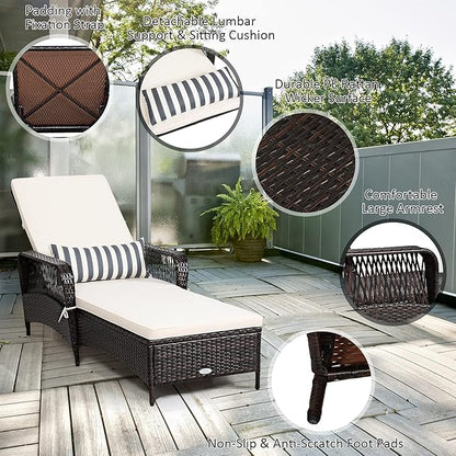 Tangkula Wicker Chaise Lounge Outdoor Set of 2, Patio Rattan Reclining Chaise with 6-Gear Adjustable Backrest, Thick Padded Cushion & Removable Lumbar Pillow, Pool Lounge Chairs for Outside Balcony