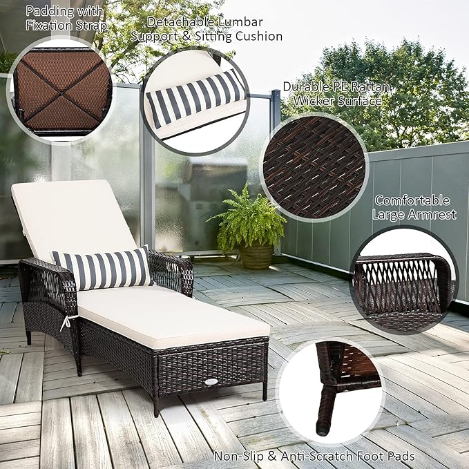 Tangkula Wicker Chaise Lounge Outdoor, Patio Rattan Reclining Chaise with 6-Gear Adjustable Backrest - Photo 6