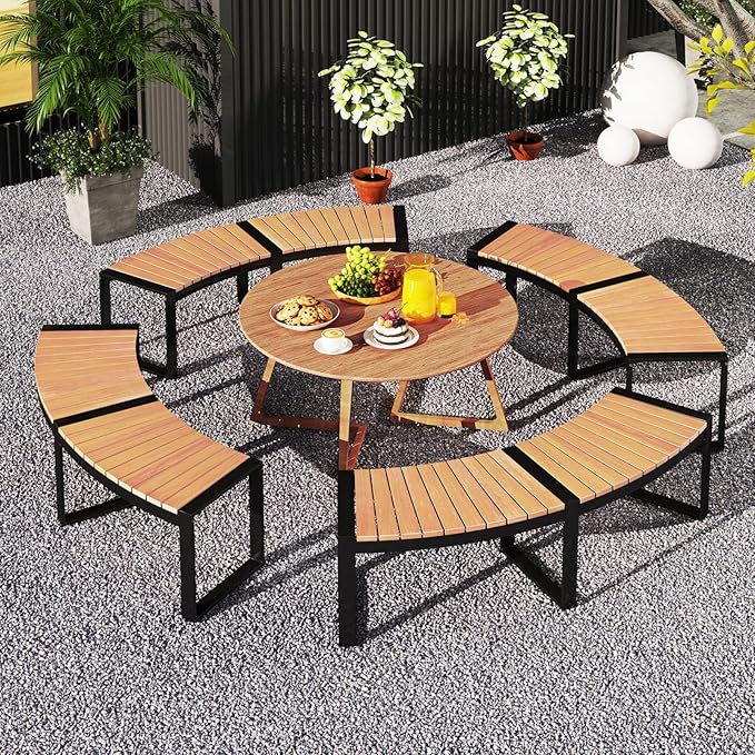 Moccha Outdoor Curved Bench, Acacia Wood Fire Pit Bench w/Slatted Seat, Metal Frame, Loveseat, Outside Chair, Patio Backless 2-Person Seating for Yard Deck Porch 800 LBS Max Load, Oil Painted (4)