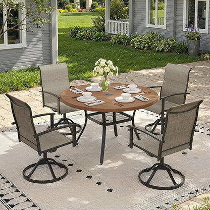 Outdoor Dining Table with Adjustable Umbrella Hole, 40.6" All-Weather Round Patio Dining Table for 4, Metal Patio Table with Storage Shelf for Garden Lawn Porch Deck Yard, Walnut