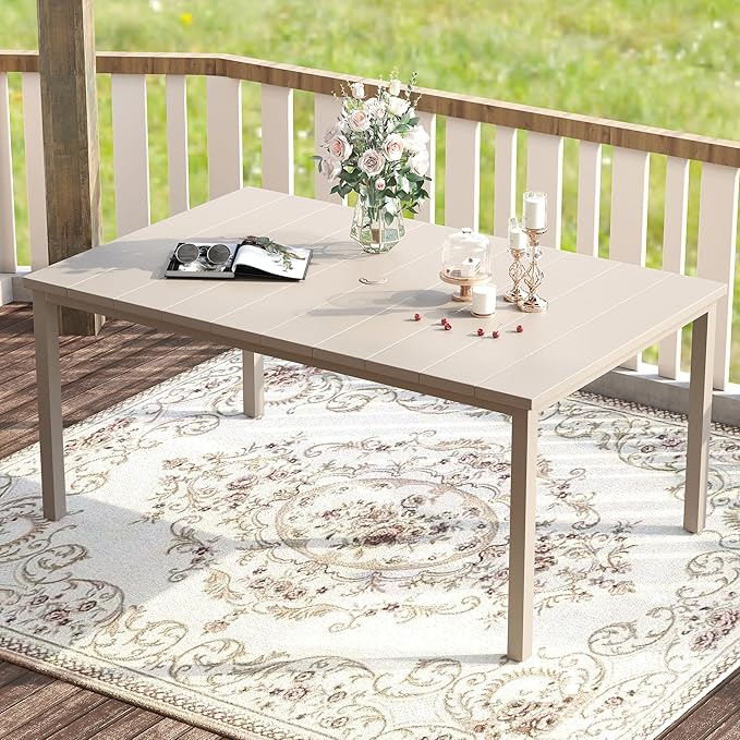 VICLLAX 63" Rectangle Outdoor Dining Table for 6, Patio Table with Umbrella Hole, All Weather Metal Patio Tables, Sandshell Tabletop