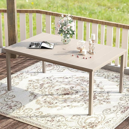 VICLLAX 63" Rectangle Outdoor Dining Table for 6, Patio Table with Umbrella Hole, All Weather Metal Patio Tables, Sandshell Tabletop