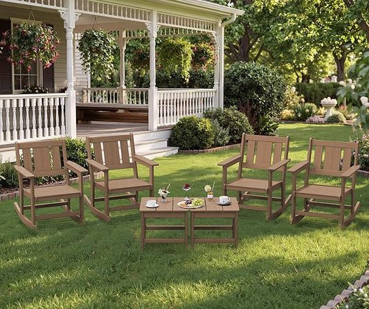 SERWALL Outdoor Rocking Chairs Set of 4 with 2 Side Tables, All-Weather HDPE 6 Piece Patio Furniture Set with Pre-Drilled Umbrella Hole, Suitable for Deck Porch Lawn Garden, Brown