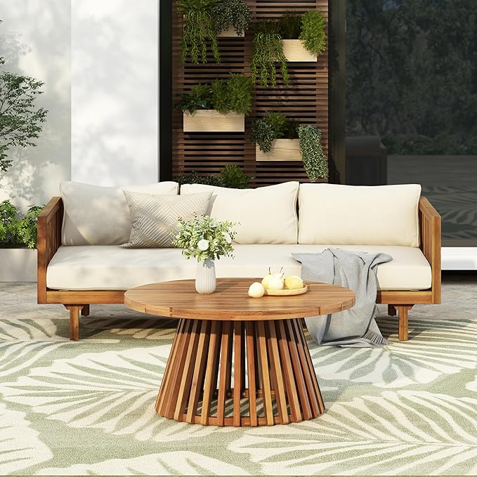 Merax Outdoor Acacia Wood Conversation Set - Patio 3-Seat Loveseat Sofa w/Coushion and Round Coffee Table for Backyard - Photo 2